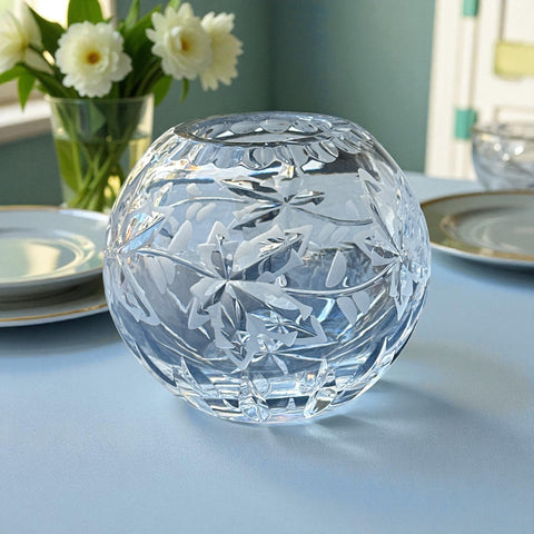 Vintage cut and etched crystal rose bowl with starburst and leaf motifs, clear glass, 5" diameter and 4.5" height, elegant midcentury design for floral display or decorative styling.