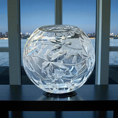 Vintage cut and etched crystal rose bowl with starburst and leaf motifs, clear glass, 5" diameter and 4.5" height, elegant midcentury design for floral display or decorative styling.