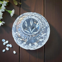 Vintage cut and etched crystal rose bowl with starburst and leaf motifs, clear glass, 5" diameter and 4.5" height, elegant midcentury design for floral display or decorative styling.