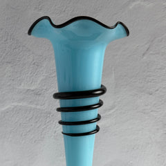 Vintage 1930s Czech blue and black tango glass vase with applied rim and hot‑glass windings.