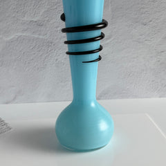 Vintage 1930s Czech blue and black tango glass vase with applied rim and hot‑glass windings.