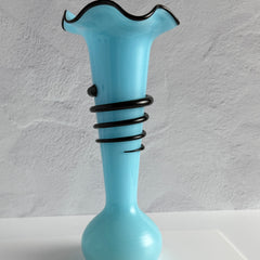 Vintage 1930s Czech blue and black tango glass vase with applied rim and hot‑glass windings.