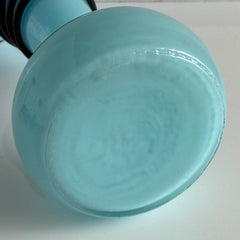 Vintage 1930s Czech blue and black tango glass vase with applied rim and hot‑glass windings.