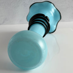 Vintage 1930s Czech blue and black tango glass vase with applied rim and hot‑glass windings.