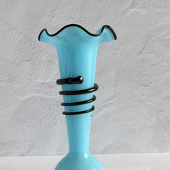 Vintage 1930s Czech blue and black tango glass vase with applied rim and hot‑glass windings.