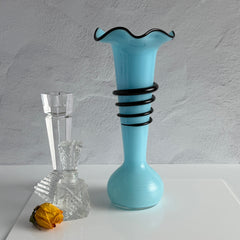 Vintage 1930s Czech blue and black tango glass vase with applied rim and hot‑glass windings.