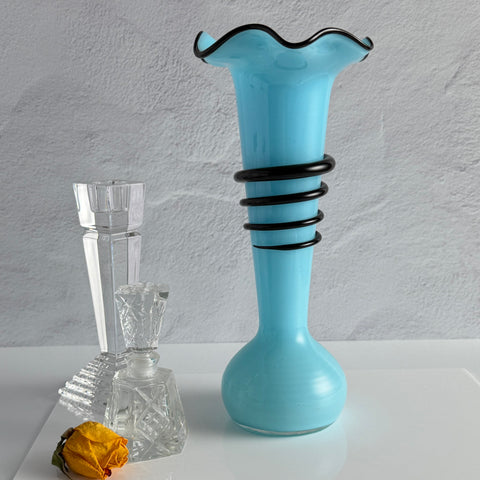 Vintage 1930s Czech blue and black tango glass vase with applied rim and hot‑glass windings.