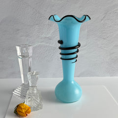 Vintage 1930s Czech blue and black tango glass vase with applied rim and hot‑glass windings.