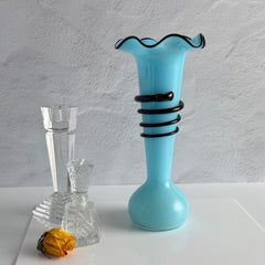 Vintage 1930s Czech blue and black tango glass vase with applied rim and hot‑glass windings.