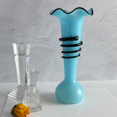 Vintage 1930s Czech blue and black tango glass vase with applied rim and hot‑glass windings.