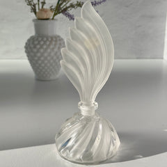 Vintage Bohemia Glass perfume bottle with frosted feather‑shaped stopper and clear twisted base, made in Czechoslovakia.