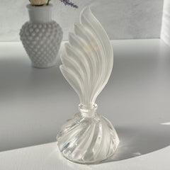 Vintage Bohemia Glass perfume bottle with frosted feather‑shaped stopper and clear twisted base, made in Czechoslovakia.