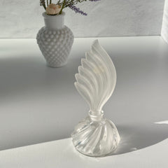 Vintage Bohemia Glass perfume bottle with frosted feather‑shaped stopper and clear twisted base, made in Czechoslovakia.