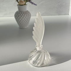 Vintage Bohemia Glass perfume bottle with frosted feather‑shaped stopper and clear twisted base, made in Czechoslovakia.