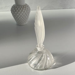 Vintage Bohemia Glass perfume bottle with frosted feather‑shaped stopper and clear twisted base, made in Czechoslovakia.