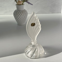 Vintage Bohemia Glass perfume bottle with frosted feather‑shaped stopper and clear twisted base, made in Czechoslovakia.