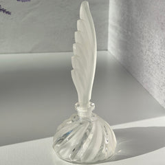 Vintage Bohemia Glass perfume bottle with frosted feather‑shaped stopper and clear twisted base, made in Czechoslovakia.