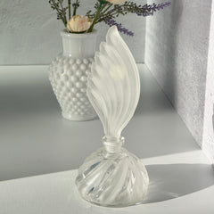 Vintage Bohemia Glass perfume bottle with frosted feather‑shaped stopper and clear twisted base, made in Czechoslovakia.