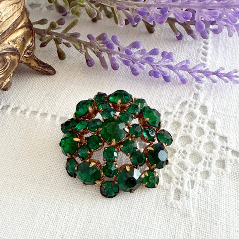 Vintage 1930s Czech Emerald Rhinestone Brooch — Signed Czechoslovakia