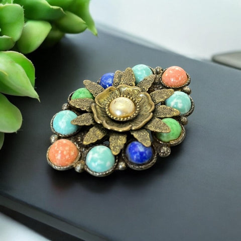 Vintage 1930s/40s Faux Pearl and Plastic Stones Floral Oval Brooch - Brass and Pewter | Multicolor Statement Brooch