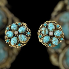 Vintage Czech Turquoise Hubbell Glass Brass Filigree Clip-on Earrings