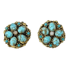 Vintage Czech Turquoise Hubbell Glass Brass Filigree Clip-on Earrings