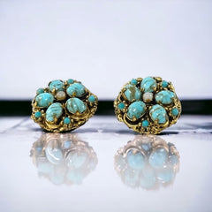 Vintage Czech Turquoise Hubbell Glass Brass Filigree Clip-on Earrings