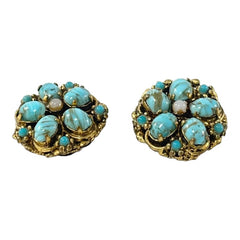 Vintage Czech Turquoise Hubbell Glass Brass Filigree Clip-on Earrings