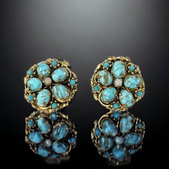 Vintage Czech Turquoise Hubbell Glass Brass Filigree Clip-on Earrings