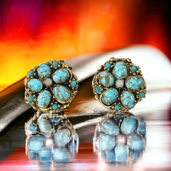 Vintage Czech Turquoise Hubbell Glass Brass Filigree Clip-on Earrings