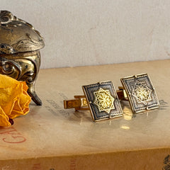 Vintage Spanish damascene square cufflinks with gold‑on‑black geometric floral star motif and silver‑tone granulation