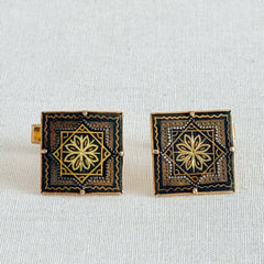 Vintage Spanish damascene square cufflinks with gold‑on‑black geometric floral star motif and silver‑tone granulation
