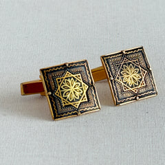Vintage Spanish damascene square cufflinks with gold‑on‑black geometric floral star motif and silver‑tone granulation
