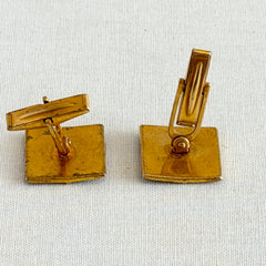 Vintage Spanish damascene square cufflinks with gold‑on‑black geometric floral star motif and silver‑tone granulation