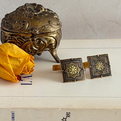 Vintage Spanish damascene square cufflinks with gold‑on‑black geometric floral star motif and silver‑tone granulation