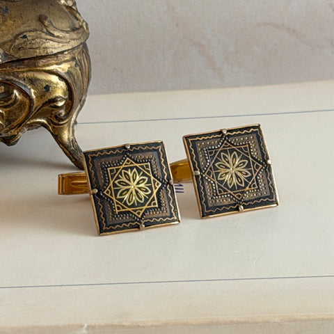 Vintage Spanish damascene square cufflinks with gold‑on‑black geometric floral star motif and silver‑tone granulation