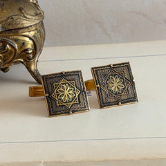 Vintage Spanish damascene square cufflinks with gold‑on‑black geometric floral star motif and silver‑tone granulation