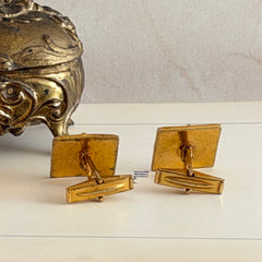 Vintage Spanish damascene square cufflinks with gold‑on‑black geometric floral star motif and silver‑tone granulation
