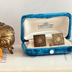 Vintage Spanish damascene square cufflinks with gold‑on‑black geometric floral star motif and silver‑tone granulation