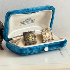 Vintage Spanish damascene square cufflinks with gold‑on‑black geometric floral star motif and silver‑tone granulation