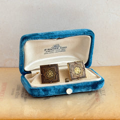 Vintage Spanish damascene square cufflinks with gold‑on‑black geometric floral star motif and silver‑tone granulation
