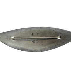 Vintage Danish S.I.D. pewter hair barrette with textured diagonal surface and signed back, elongated oval shape, 1970s–80s Scandinavian design.