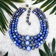 Vintage Dark Blue Moonglow Lucite & Plastic Bead 3-Strand Necklace