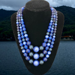 Vintage Dark Blue Moonglow Lucite & Plastic Bead 3-Strand Necklace