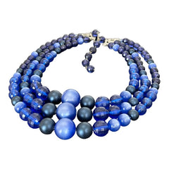 Vintage Dark Blue Moonglow Lucite & Plastic Bead 3-Strand Necklace