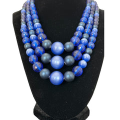 Vintage Dark Blue Moonglow Lucite & Plastic Bead 3-Strand Necklace