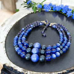 Vintage Dark Blue Moonglow Lucite & Plastic Bead 3-Strand Necklace