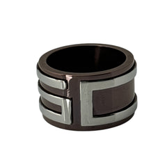 Dolce & Gabbana men's stainless steel ring with brown finish and raised silver-tone logo; bold designer accessory in size 8.5 with wide band styling.
