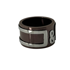 Dolce & Gabbana men's stainless steel ring with brown finish and raised silver-tone logo; bold designer accessory in size 8.5 with wide band styling.