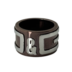 Dolce & Gabbana men's stainless steel ring with brown finish and raised silver-tone logo; bold designer accessory in size 8.5 with wide band styling.